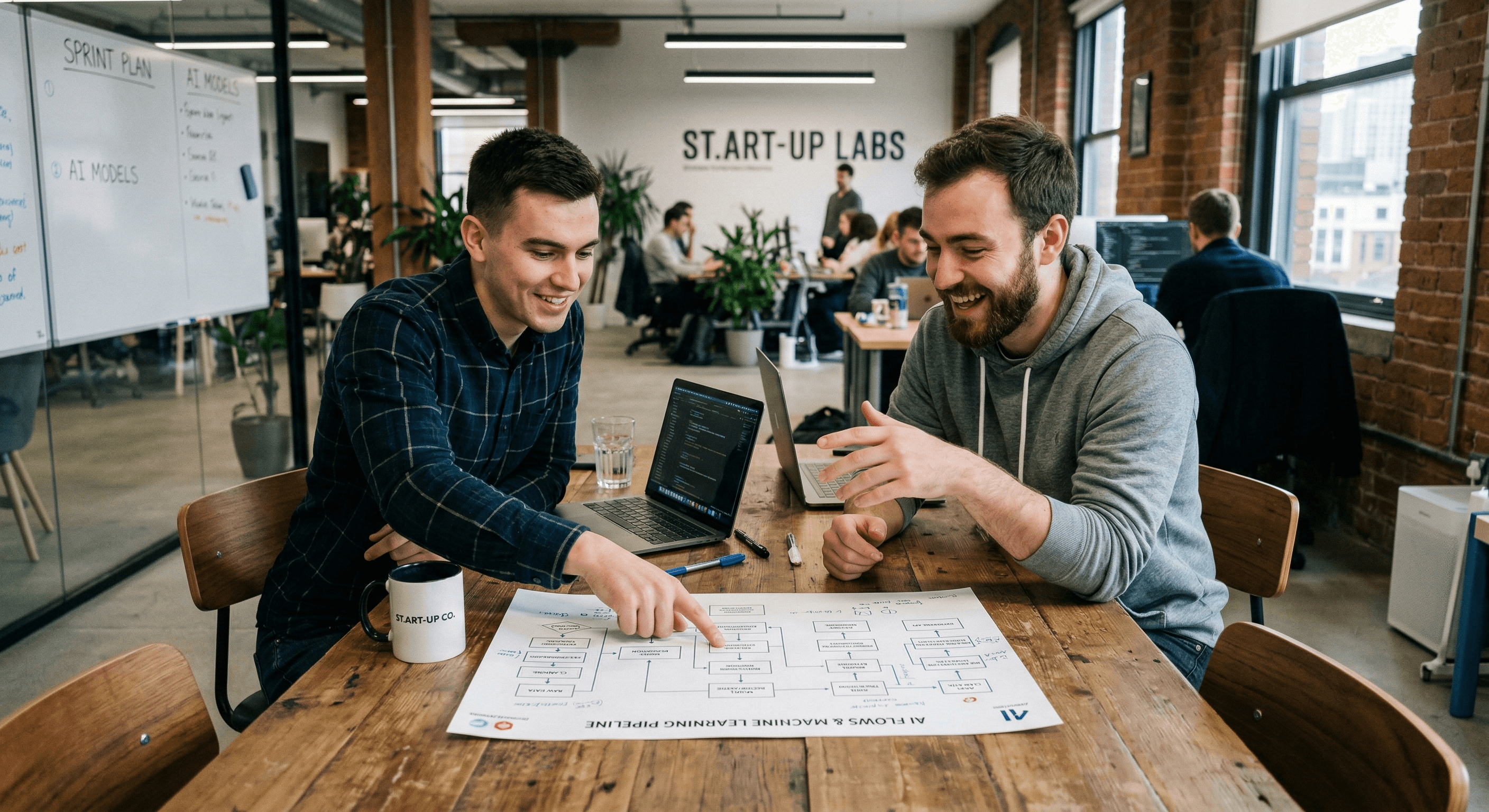 Two team members collaborating on an automation pipeline at a startup office