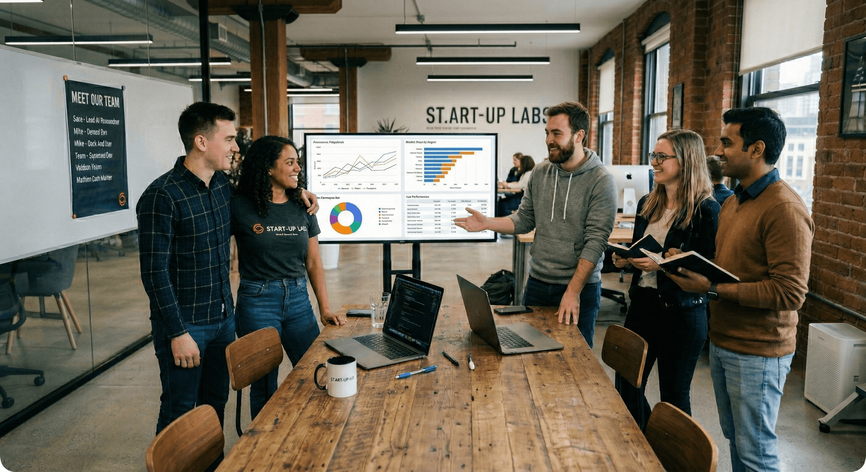 Team reviewing performance analytics on a large display screen