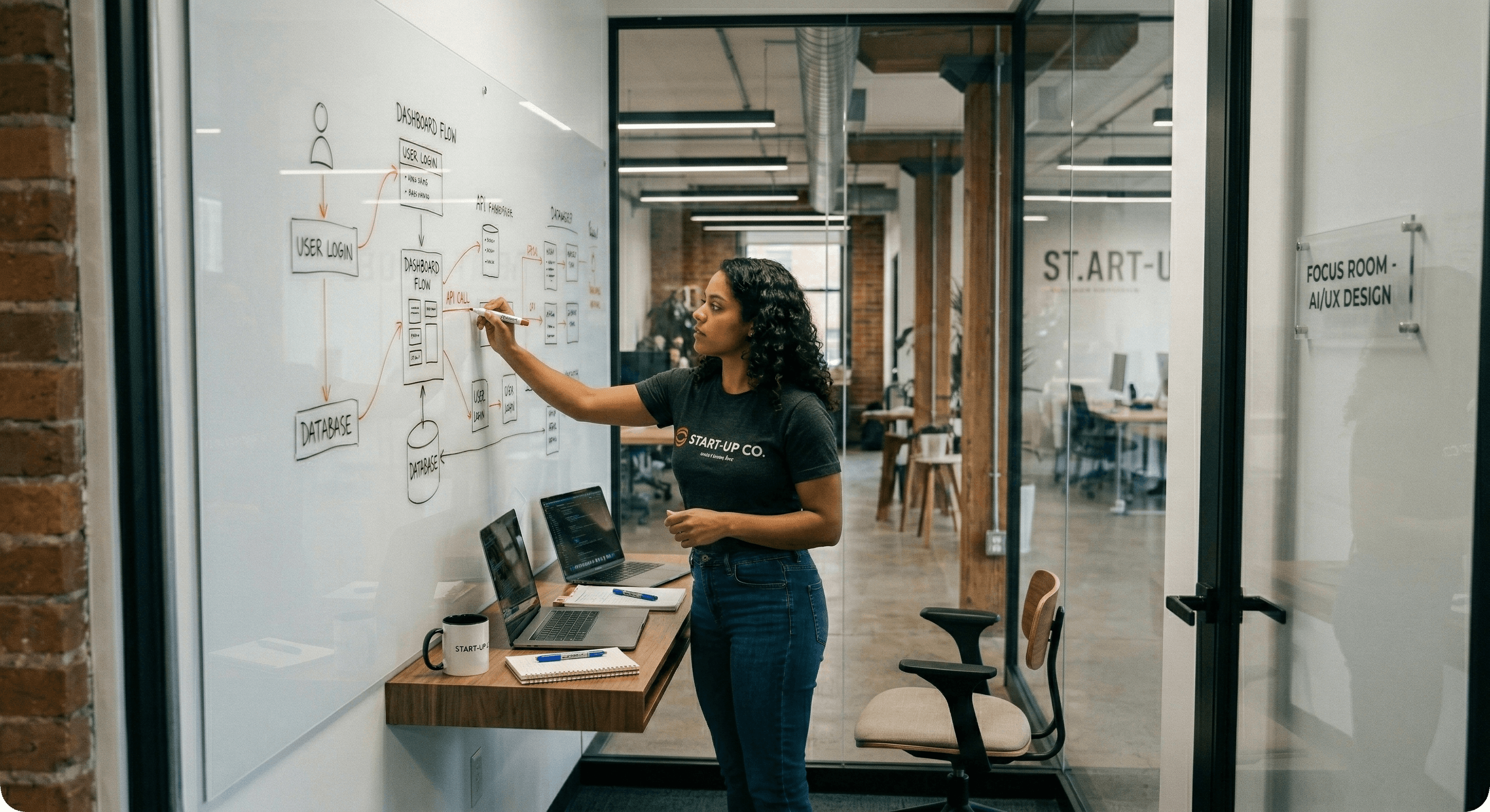 Designer mapping a user flow diagram on a glass whiteboard